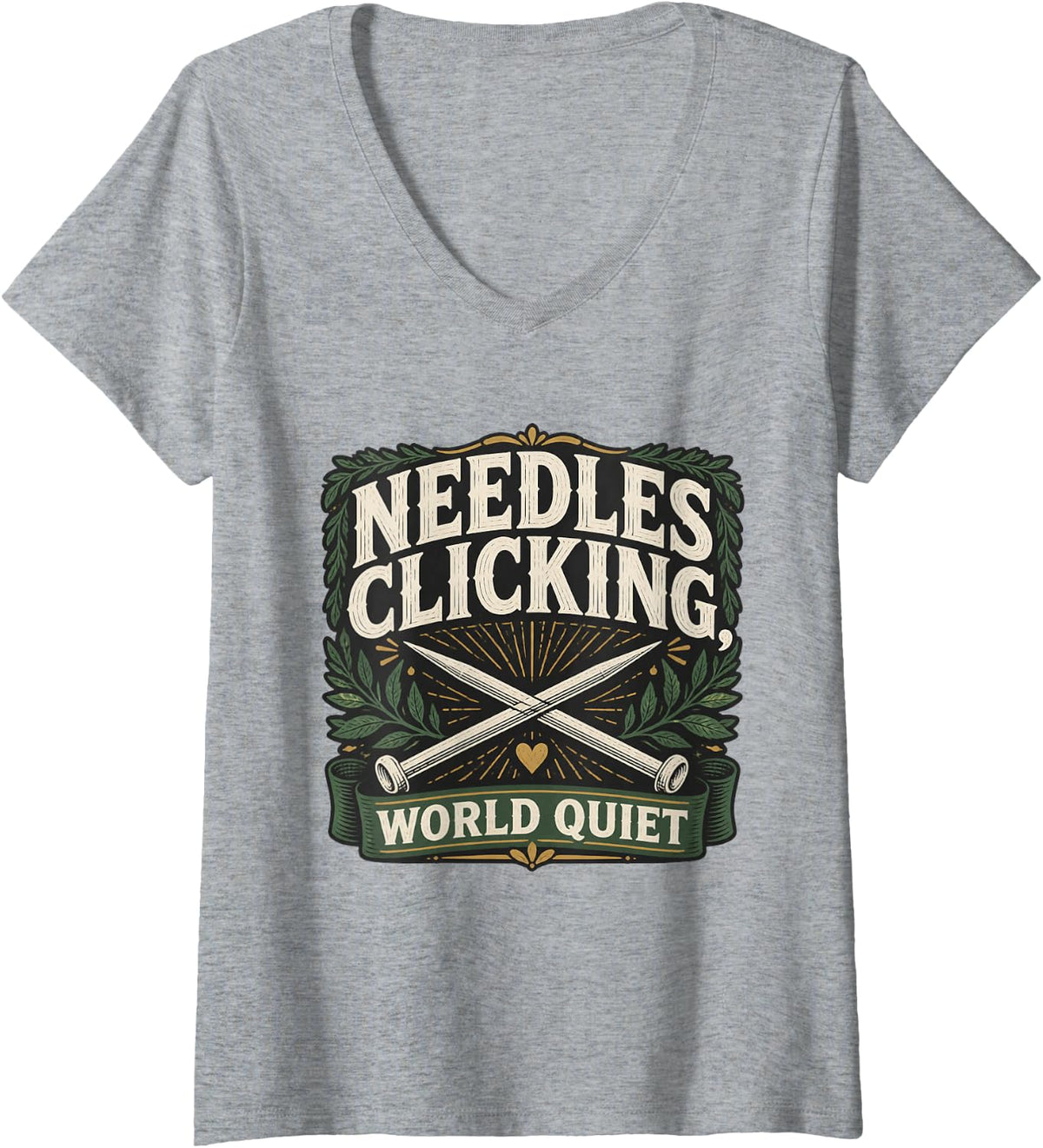 Women's Needles CLICKING, World Quiet Knitting Knitter Yarn Lover V-Neck T-Shirt - Heather Grey
