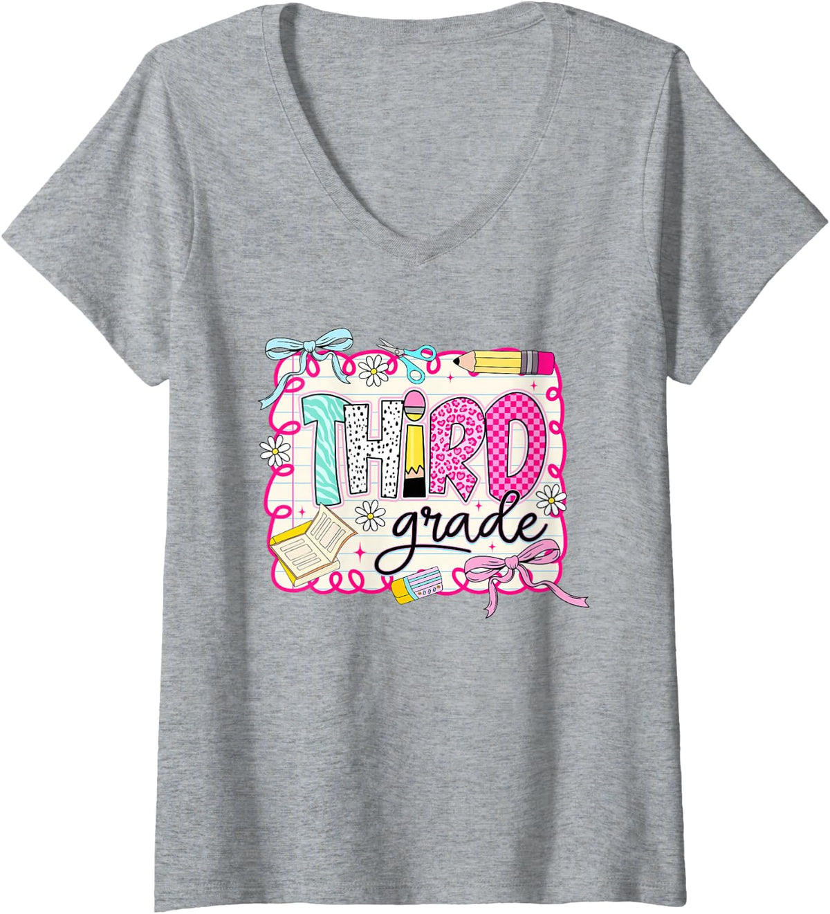 Women's Preppy Third Grade Back to School Pencil Student Teacher Kid V-Neck T-Shirt - Heather Grey