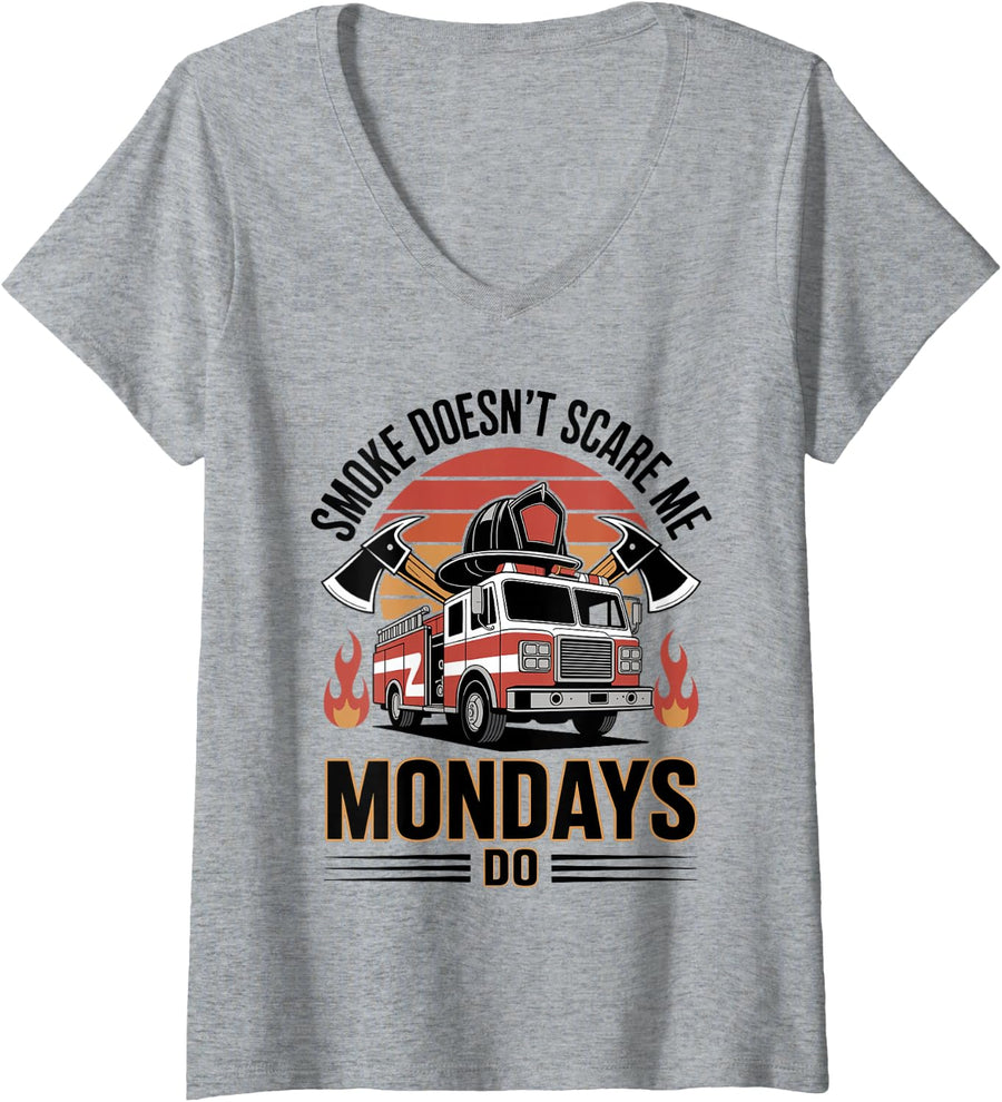 Women's Smoke Doesn't Scare Me Mondays Do Fireman Firefighter V-Neck T-Shirt - Heather Grey