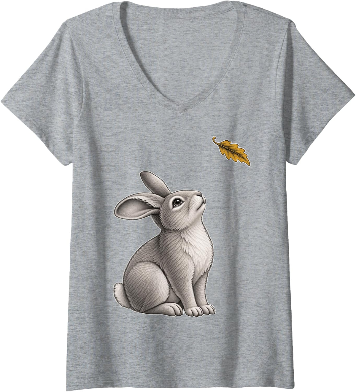 Women's Cute Rabbit Lover Autumn Leaf V-Neck T-Shirt - Heather Grey
