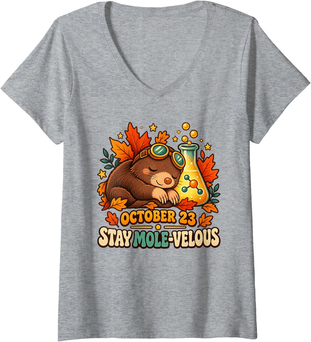 Women's Cute Sleeping Mole Chemistry Science October 23 V-Neck T-Shirt - Heather Grey