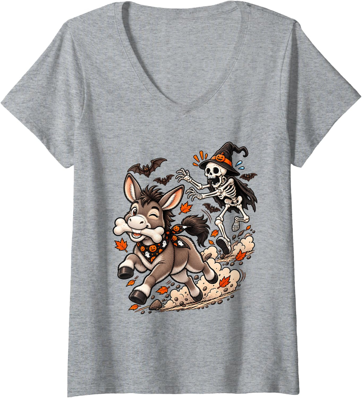 Women's Funny Donkey Chased by Witch Skeleton Halloween Men Women V-Neck T-Shirt - Heather Grey