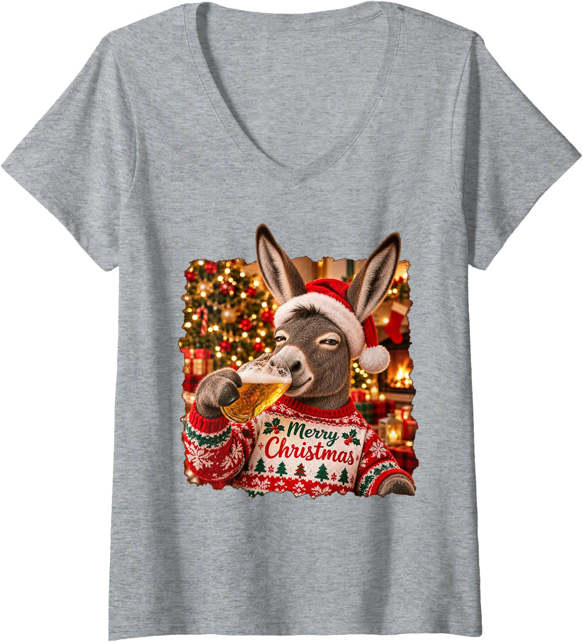 Women's Merry Christmas Donkey Lovers Funny Holiday Party V-Neck T-Shirt - Heather Grey