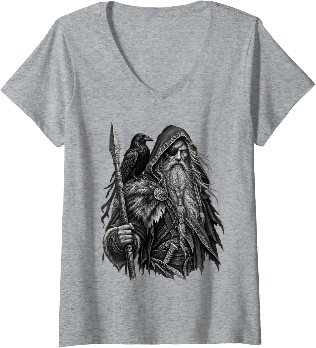 Women's One Eyed Raven Seer Norse Viking Warrior Art V-Neck T-Shirt - Heather Grey