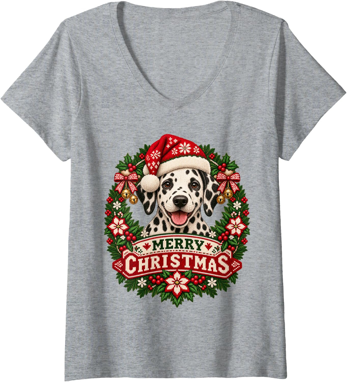 Women's Merry Christmas Dalmatian Happy Santa Hat Snowflake V-Neck T-Shirt - Heather Grey