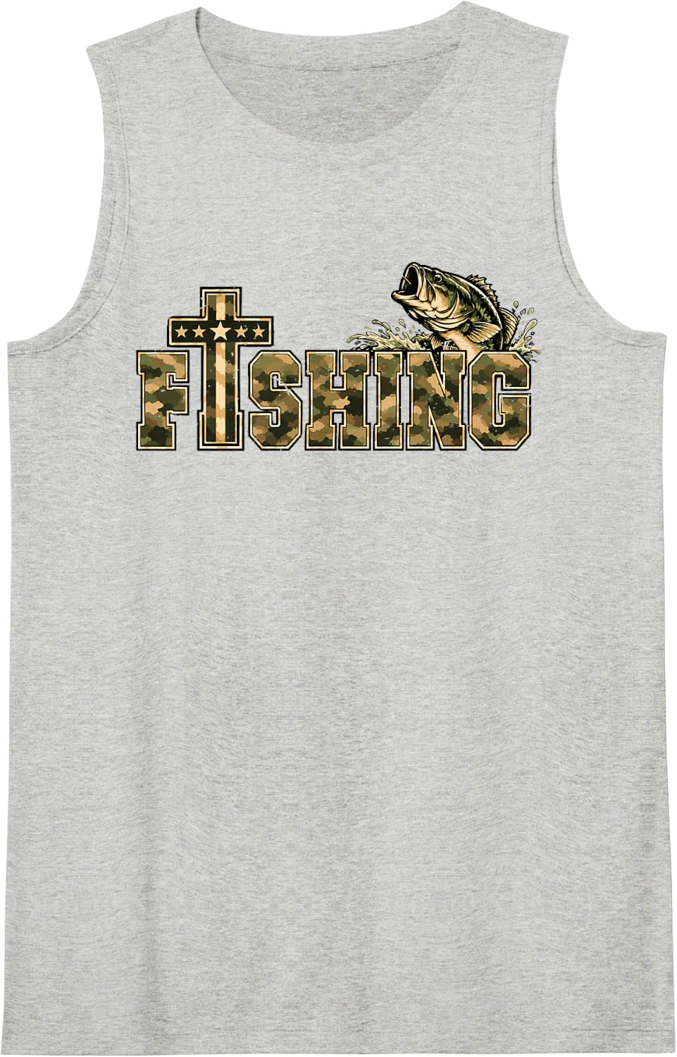 Mens Camo Fishing Christian Cross American Flag Bass Fishing Sleeveless Tank Top - Heather Grey