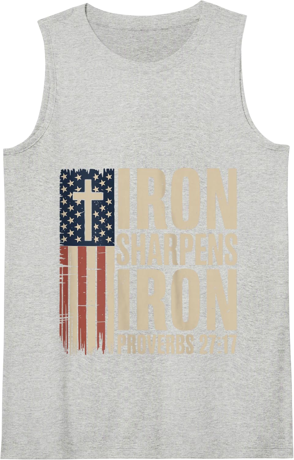 Men Christian Gym Patriotic American Flag Iron Sharpens Iron Tank Top - Heather Grey