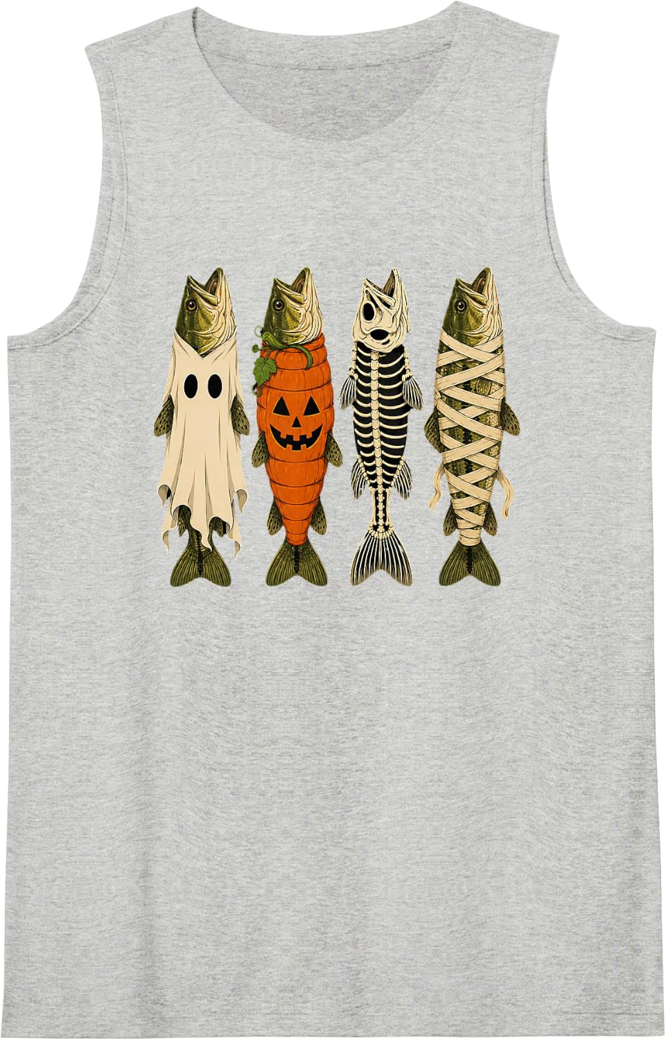 Ghost Pumpkin Skeleton Mummy Bass Funny Halloween Fishing Sleeveless Tank Top - Heather Grey