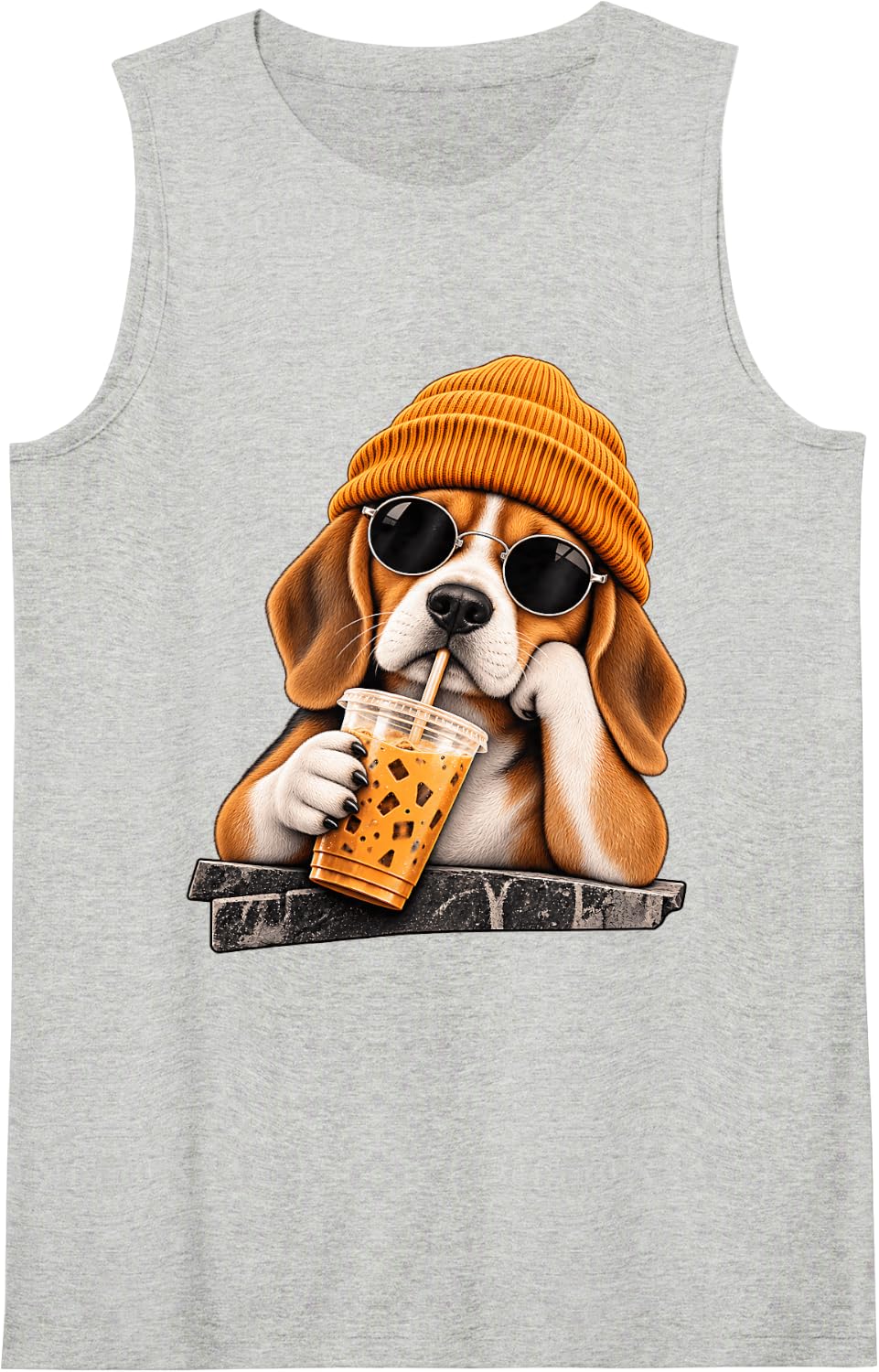 Funny Beagle Hipster Drinking Iced Coffee Sunglasses Animal Sleeveless Tank Top - Heather Grey