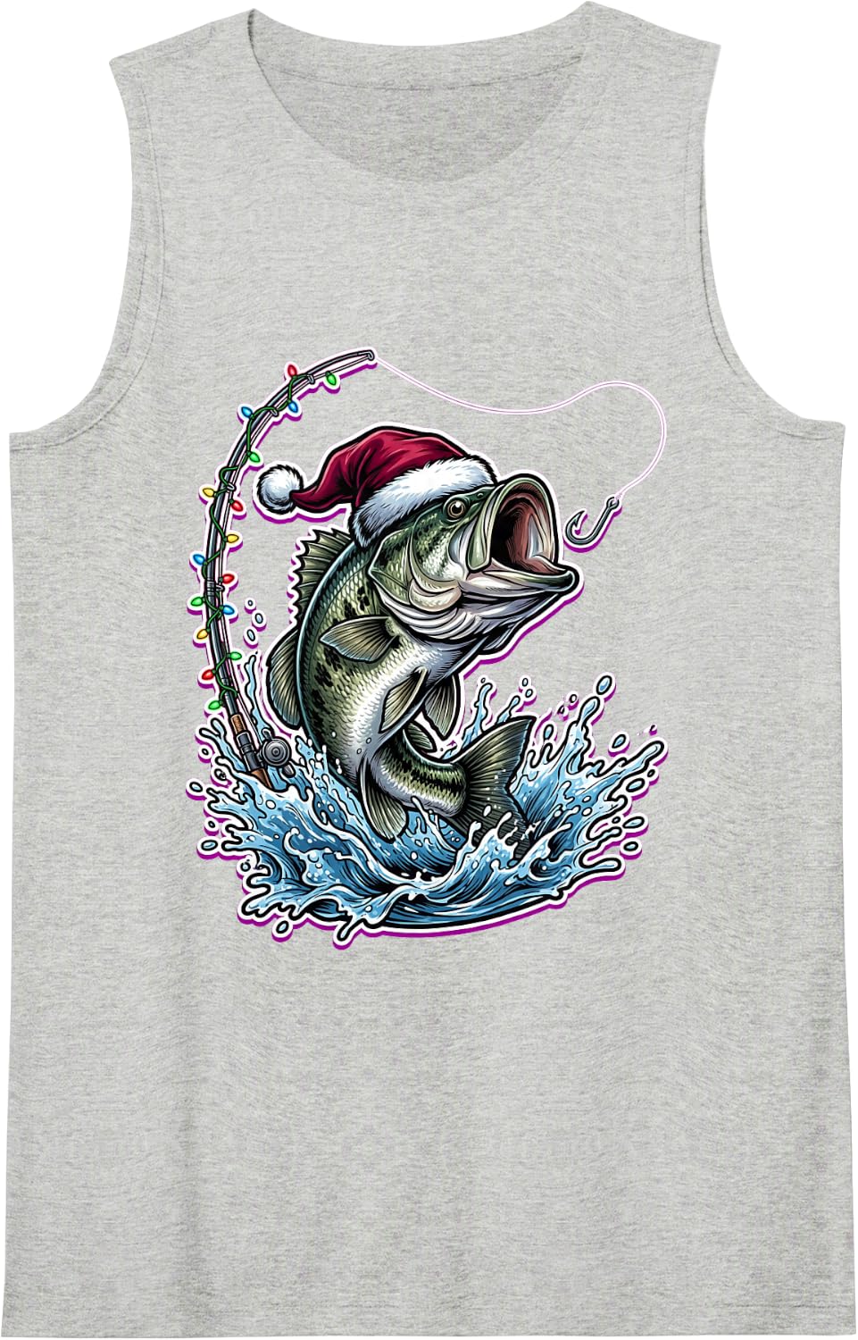 Christmas Fishing Bass Leaping Holiday Splash Water Art Sleeveless Tank Top - Heather Grey