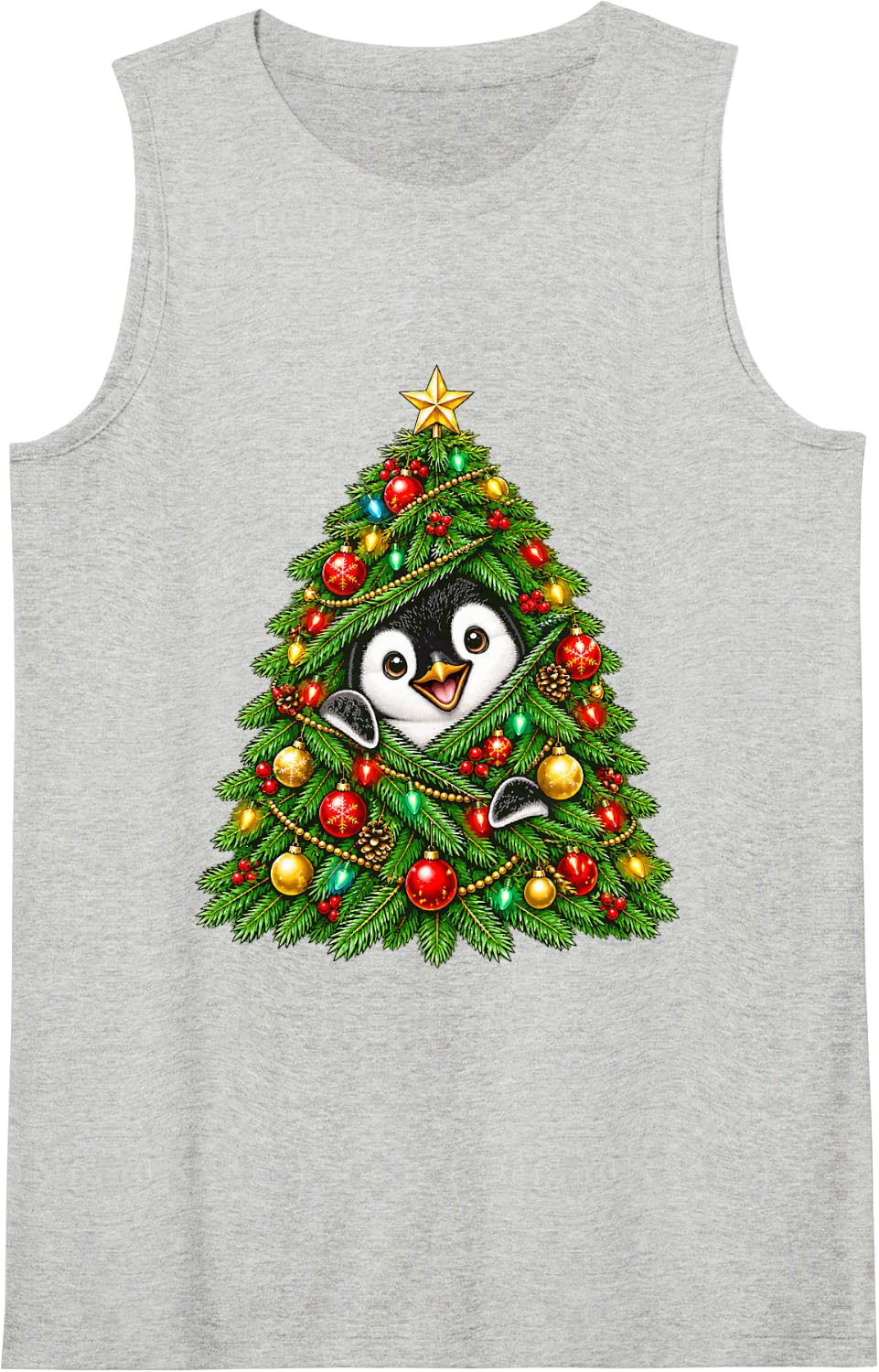 Cute Penguin Peeking with Christmas Tree Festive Lights Xmas Sleeveless Tank Top - Heather Grey