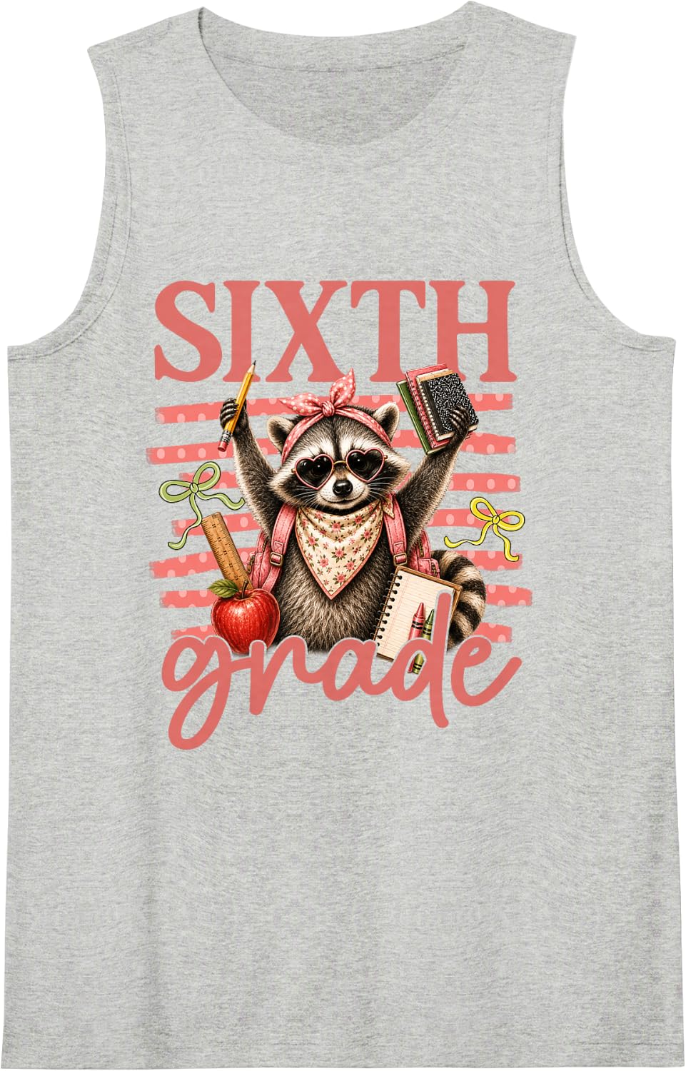 Sixth Grade Raccoon Apple Funny First Day of School Sleeveless Tank Top - Heather Grey