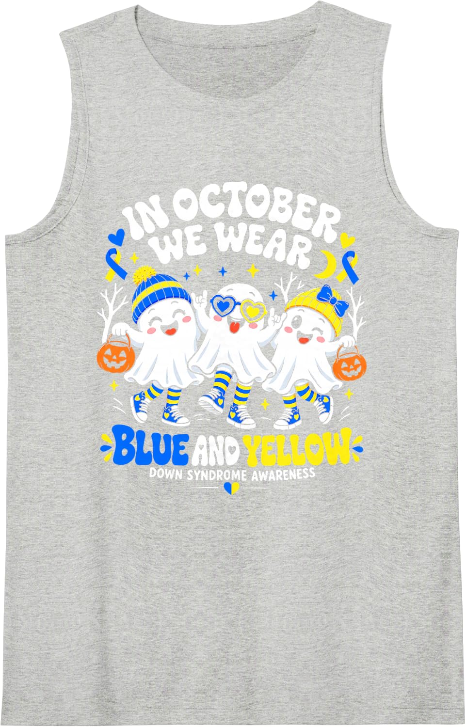 in October We Wear Yellow and Blue Down Syndrome Halloween Sleeveless Tank Top - Heather Grey