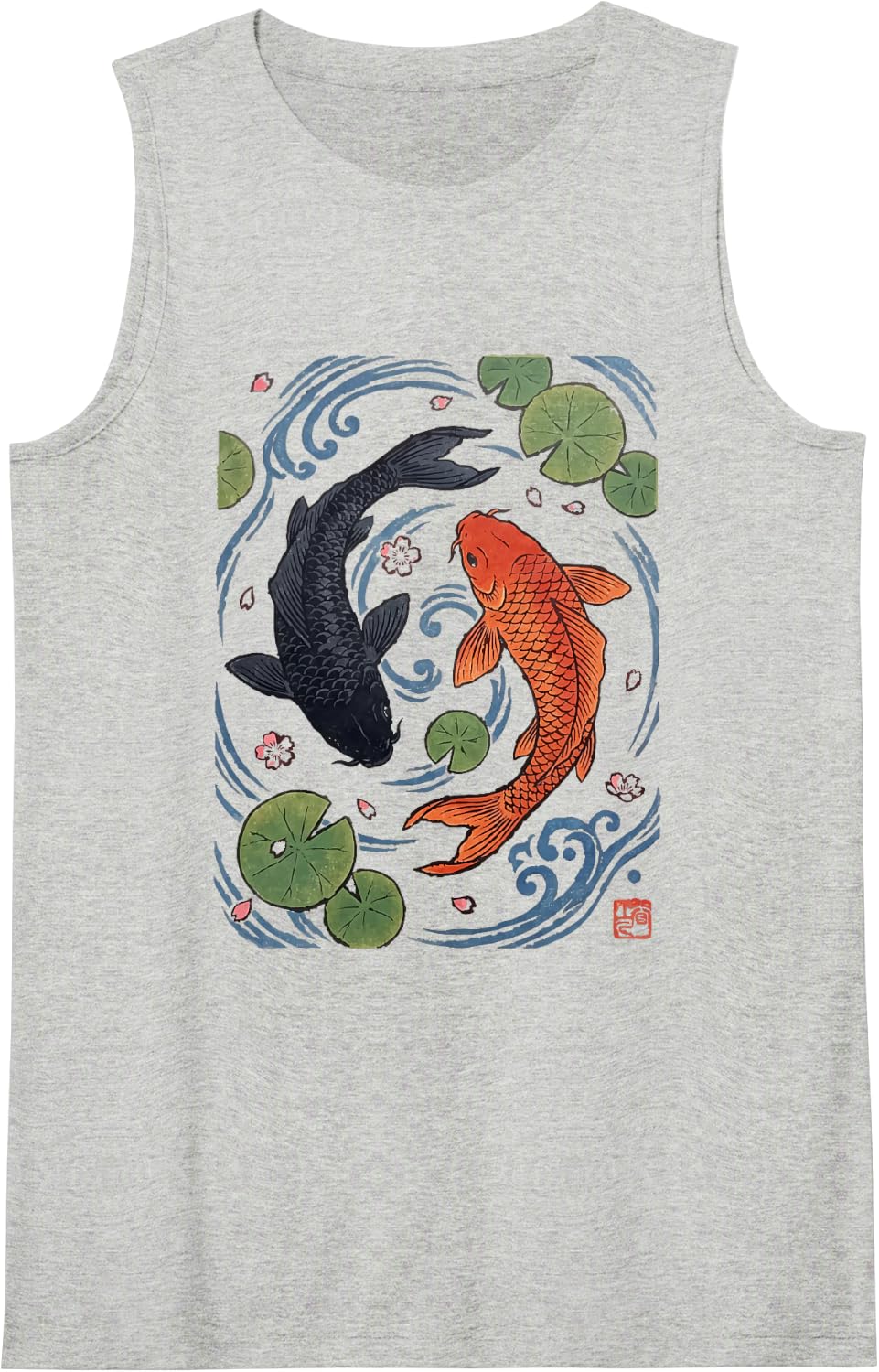 Japanese Woodblock Carp Koi Fish Pond Ukiyo-e Sleeveless Tank Top - Heather Grey