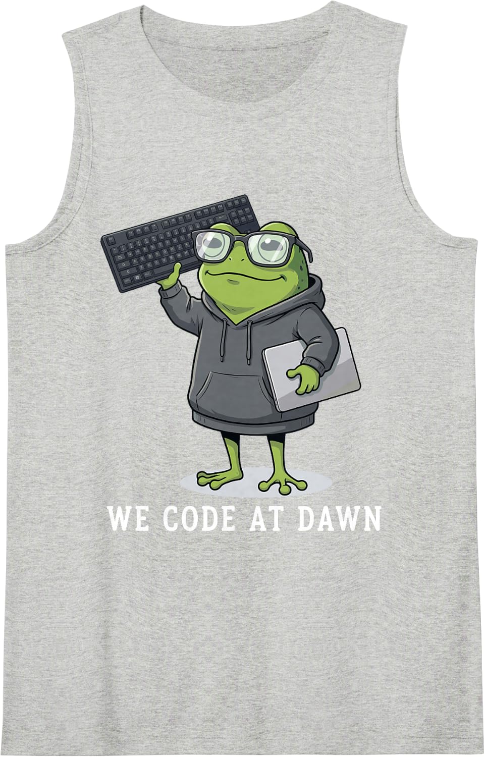 We Code At Dawn Funny Frog Programmer Software Engineer Nerd Sleeveless Tank Top - Heather Grey