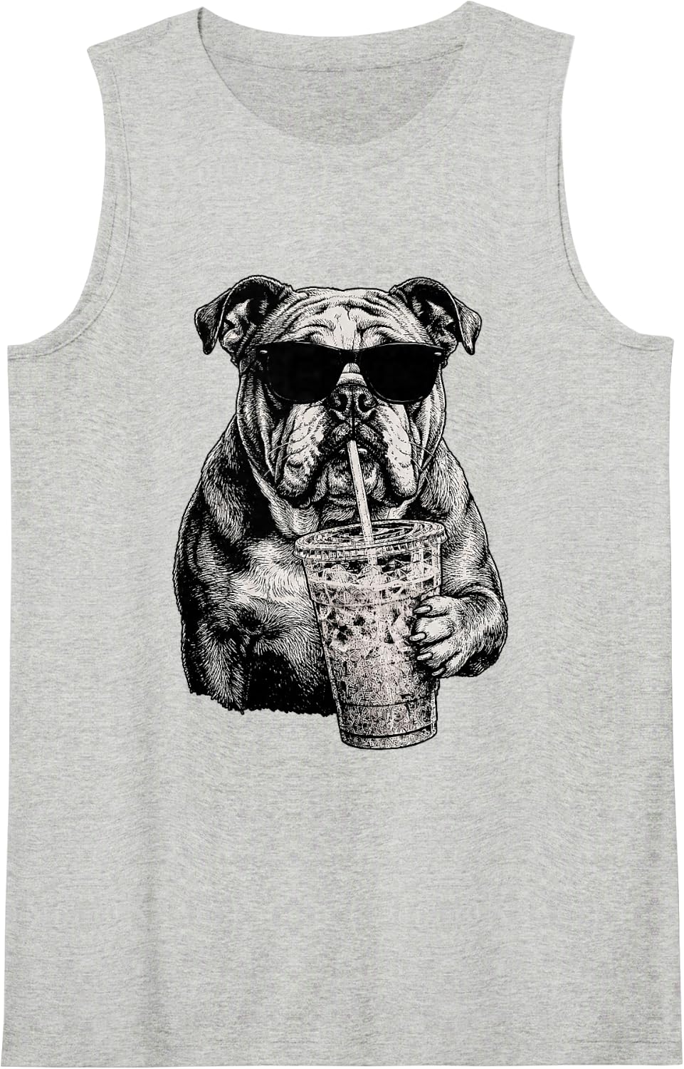 Funny English Bulldog Drinking Iced Coffee Humor Sleeveless Tank Top - Heather Grey