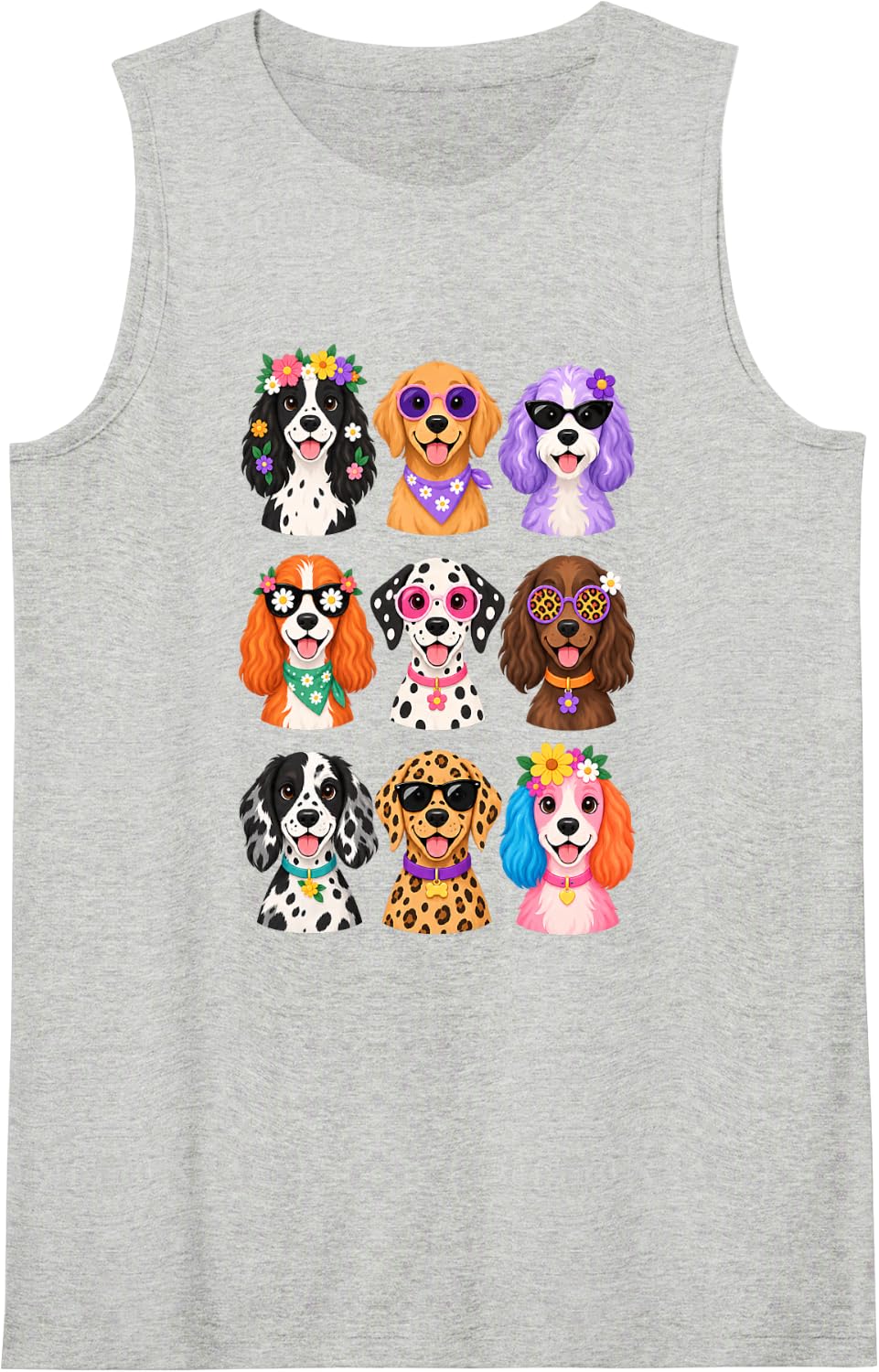 Floral Dog Sunglasses Cartoon Puppies Sleeveless Tank Top - Heather Grey