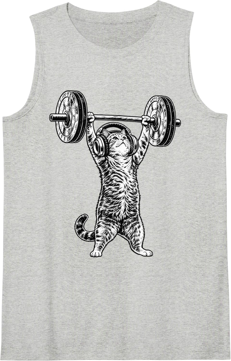 Vintage Weightlifting Cat with Headphones Gym Fitness Sleeveless Tank Top - Heather Grey
