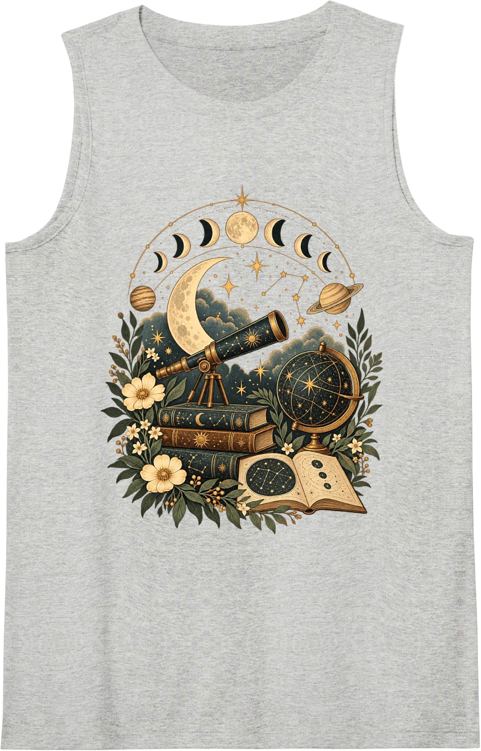 Astronomy Vintage Telescope Moon Phases Stars Planets Lover Sleeveless Tank Top - Heather Grey