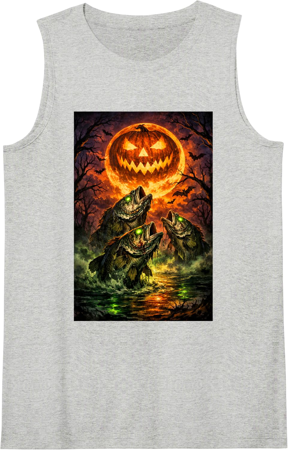 Halloween Bass Fish Howling at a Jack o Lantern Spooky Tank Top - Heather Grey
