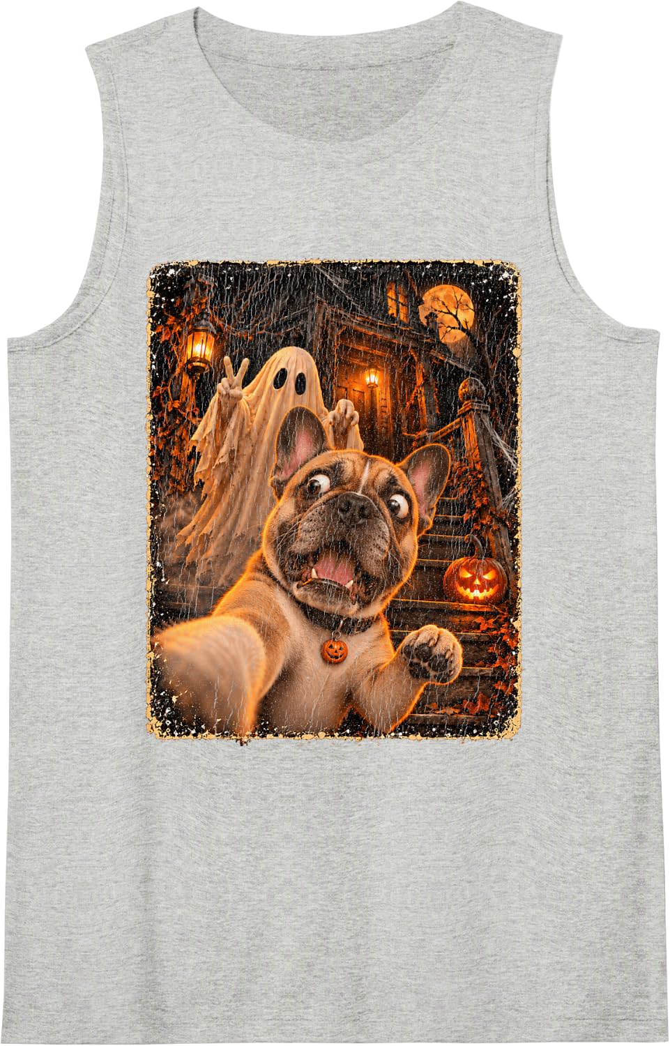French Bulldog Selfie Ghost Sleeveless Tank Top - Heather Grey