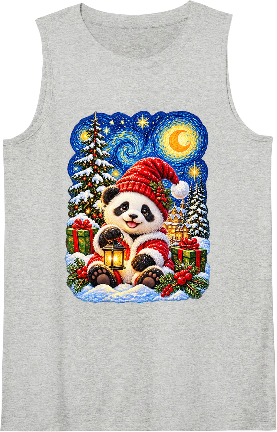 Christmas Panda Van Gogh Starry Sky for Men Women Sleeveless Tank Top - Heather Grey