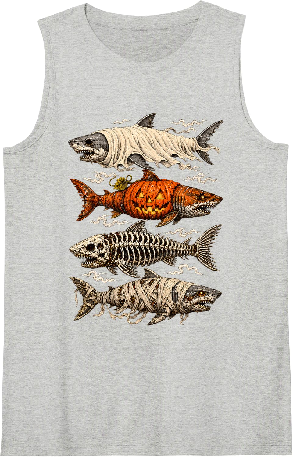 Halloween Shark Fish Ghost Pumpkin Skeleton Mummy Sleeveless Tank Top - Heather Grey