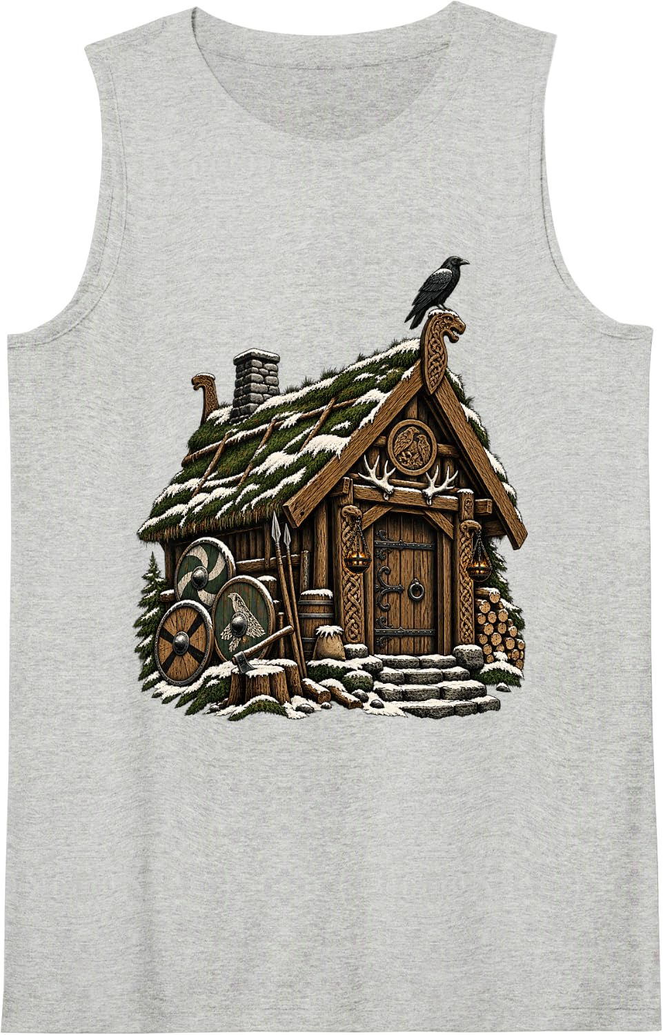 Snowy Viking Longhouse Raven Shield Nordic Art Sleeveless Tank Top - Heather Grey