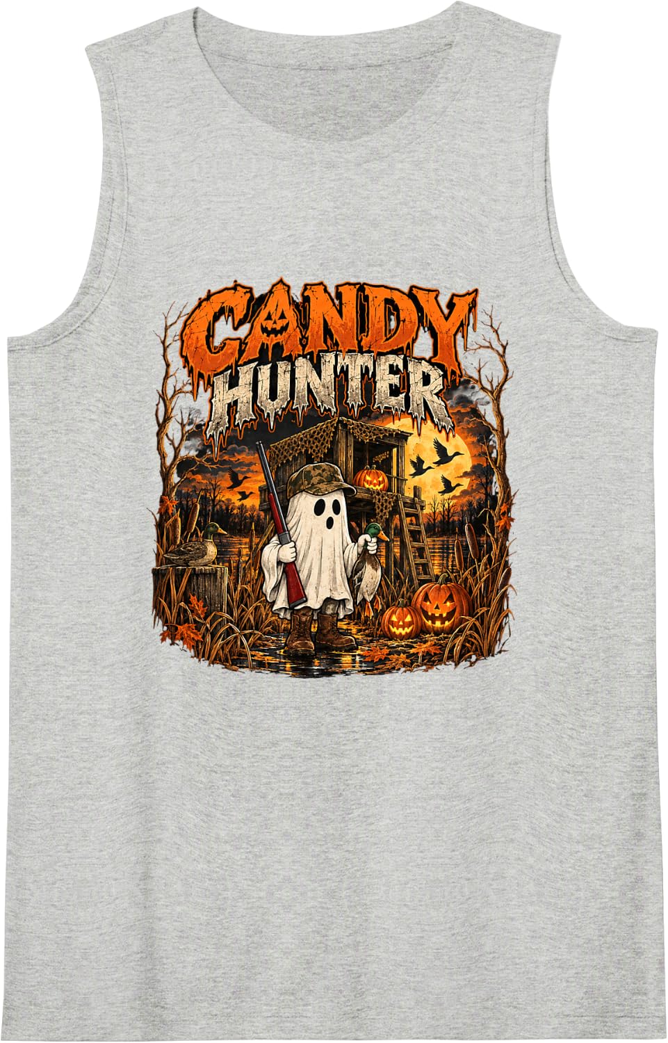 Duck Hunter Halloween Candy Hunter Ghost Waterfowl Humor Sleeveless Tank Top - Heather Grey