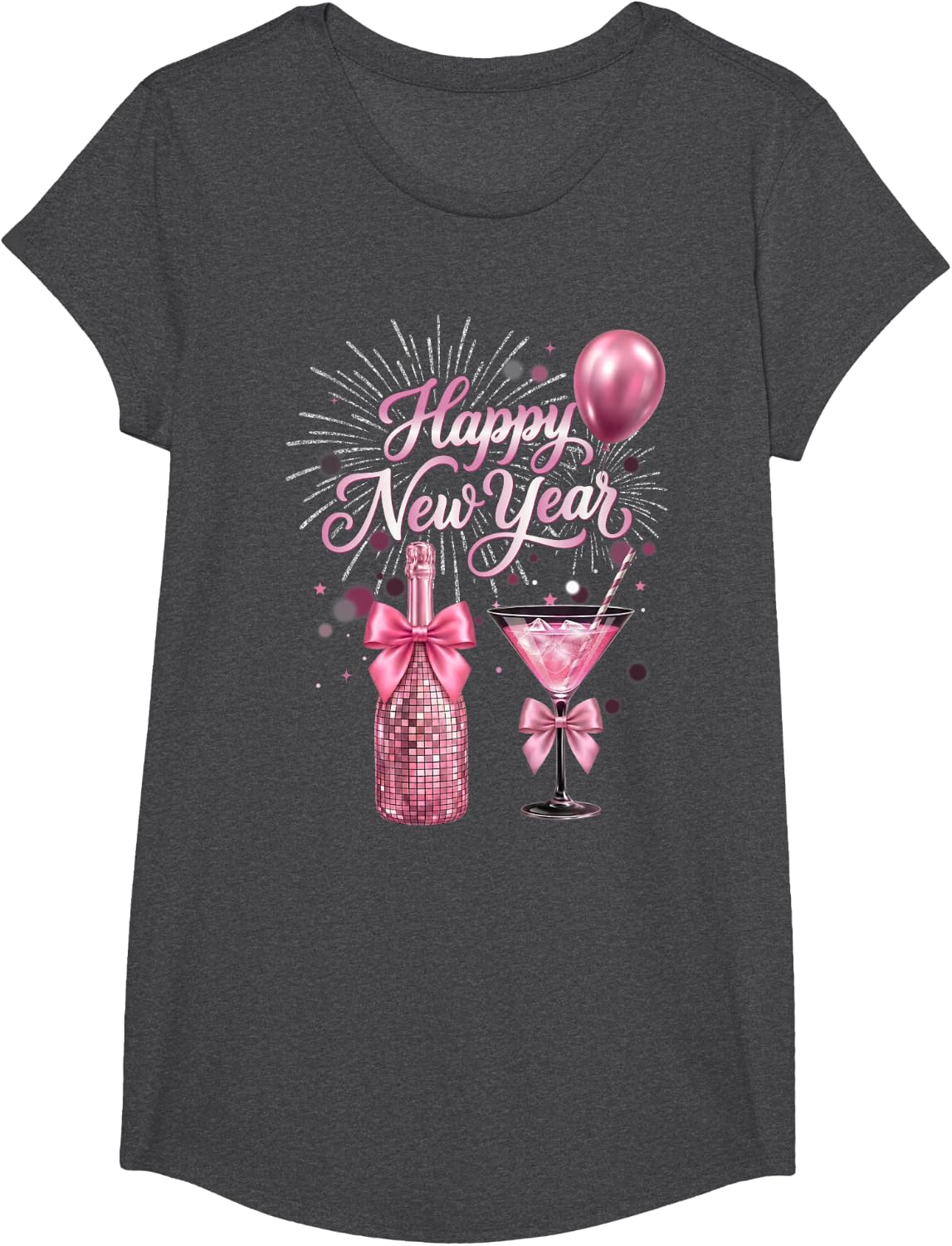 Happy New Year 2027 Pink Disco Party Celebration T-Shirt - Girls Dark Heather Grey