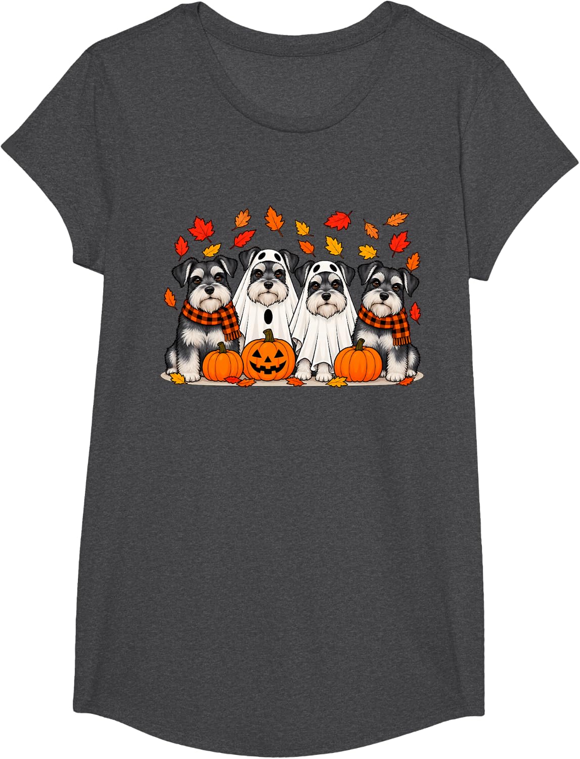 Miniature Schnauzer Ghost Fall Autumn Thanksgiving Halloween T-Shirt - Girls Dark Heather Grey