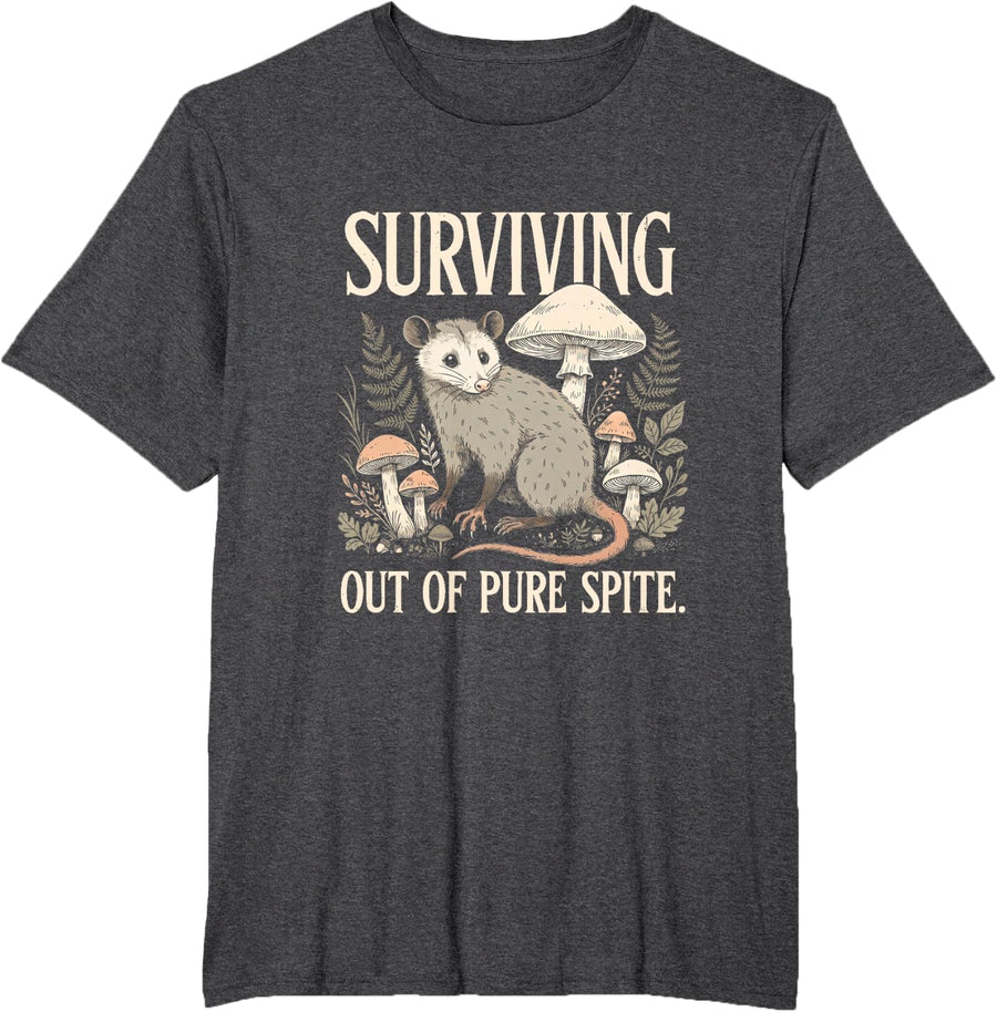 Surviving Out of Pure Spite Cottagecore Funny Possum Opossum T-Shirt - Dark Heather Grey