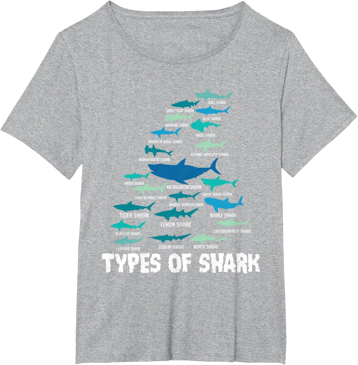 Types of Shark Megalodon Great White Nurse Shark T-Shirt - Heather Grey