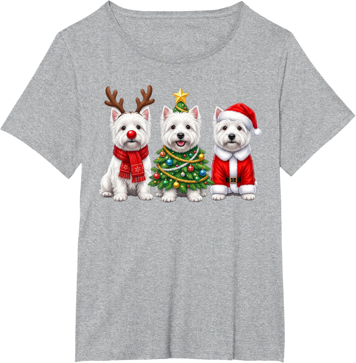 Retro Christmas West Highland White Terriers Santa Reindeer T-Shirt - Heather Grey