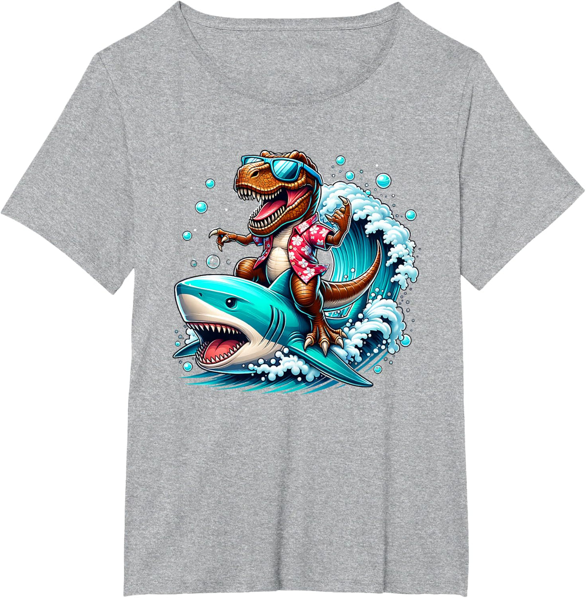 Beach Lover T-Rex Dinosaur Riding Shark Surfing Ocean Wave T-Shirt - Heather Grey