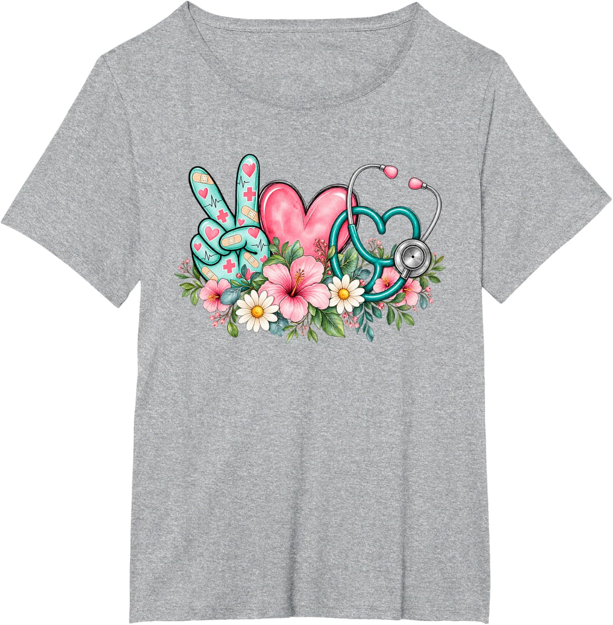 Peace Love Nursing Retro Floral Stethoscope Nurse T-Shirt - Heather Grey