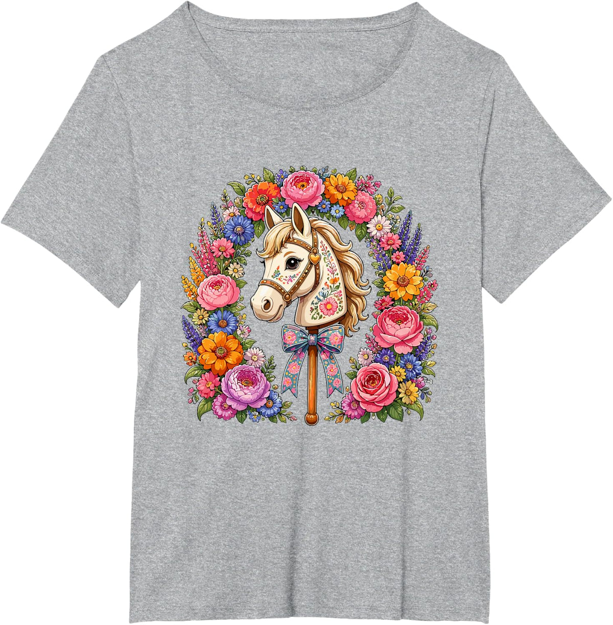 Colorful Horse Flowers Bow Pony Equestrian T-Shirt - Heather Grey