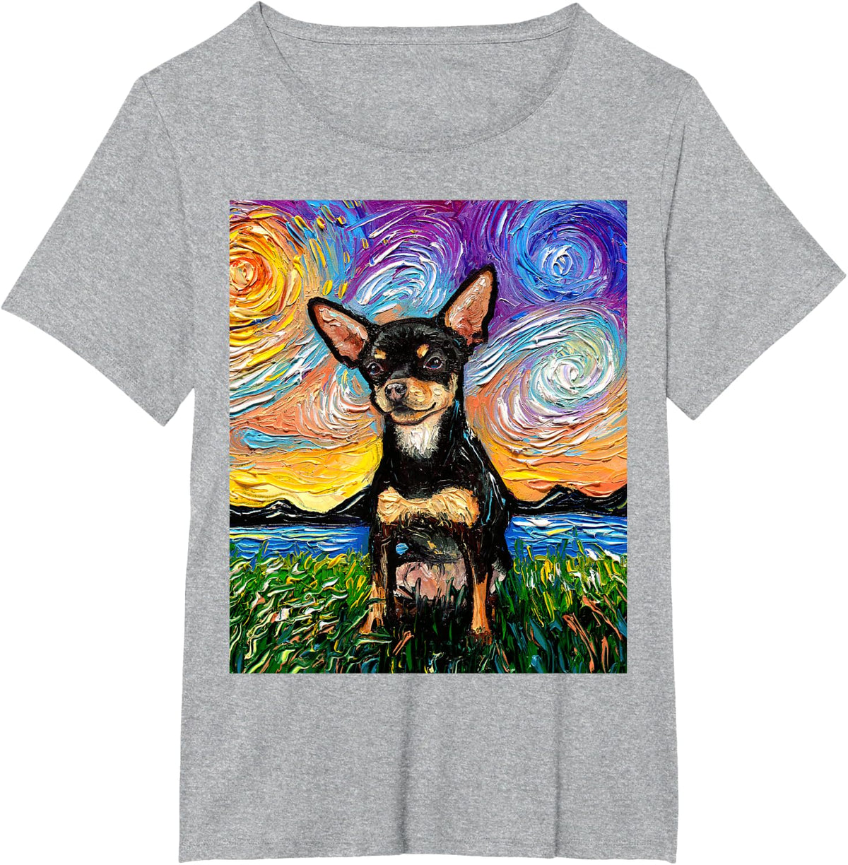 Black and Tan Smooth Chihuahua Starry Night Dog Artwork T-Shirt - Heather Grey
