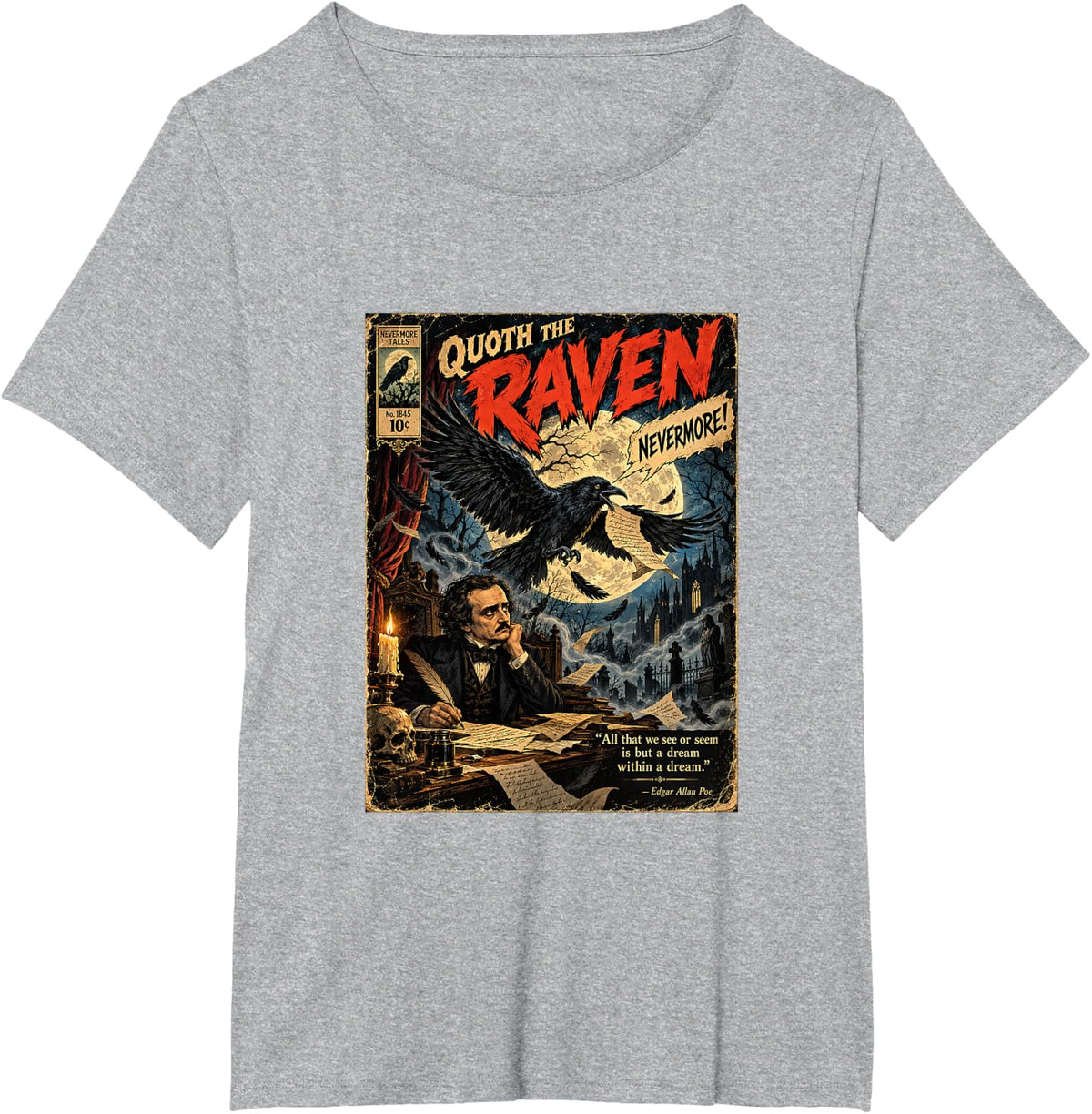 Gothic Raven Classic Poetry Dark Literature Graphic T-Shirt - Heather Grey
