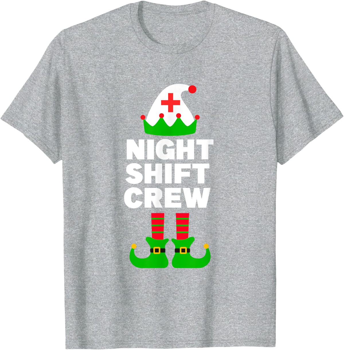 Elf Nursing Tee Women, Christmas Nurse Night Shift Crew T-Shirt - Heather Grey