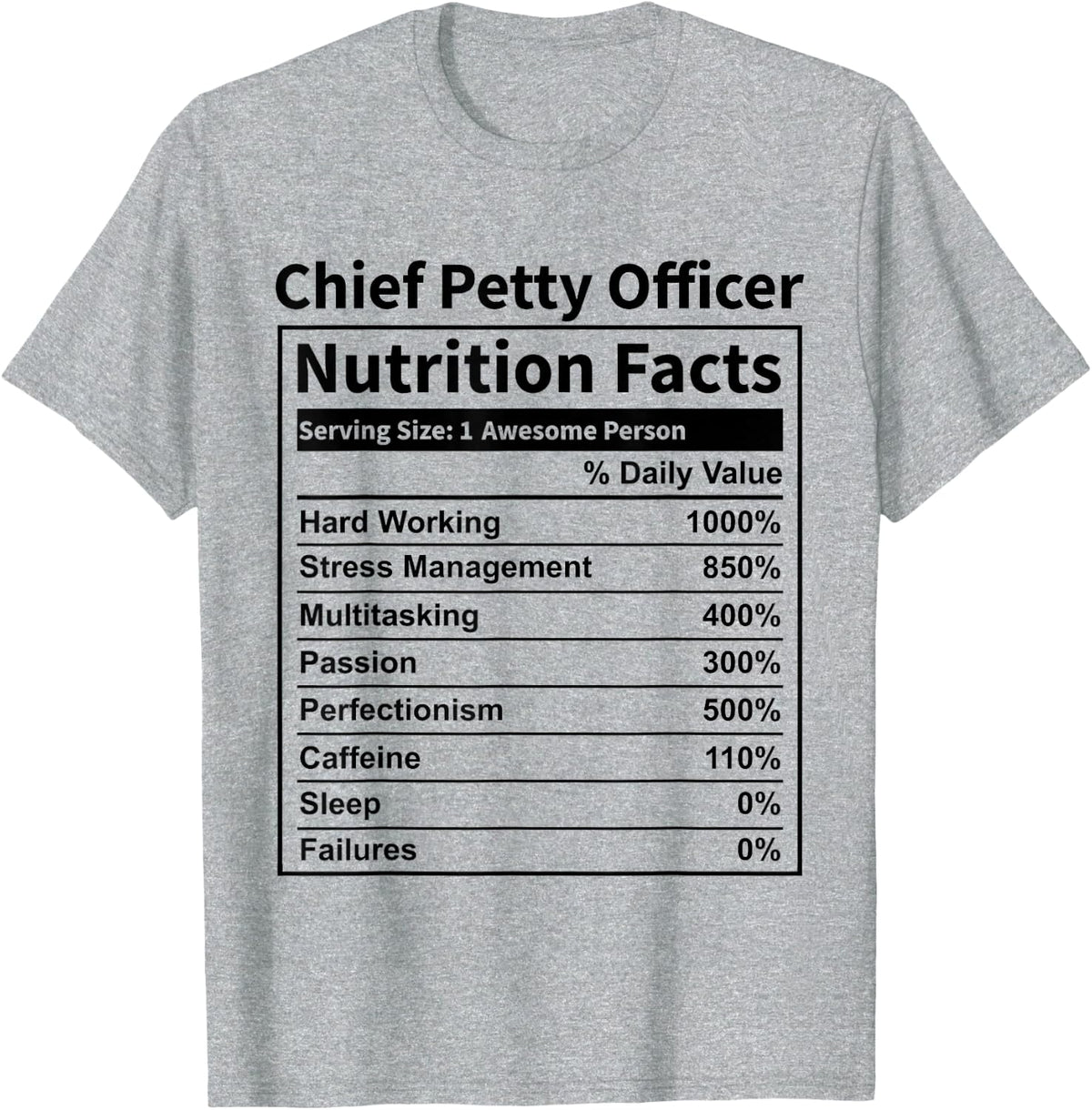 CPO Chief Petty Officer Nutrition Facts Funny for Men Women T-Shirt - Heather Grey