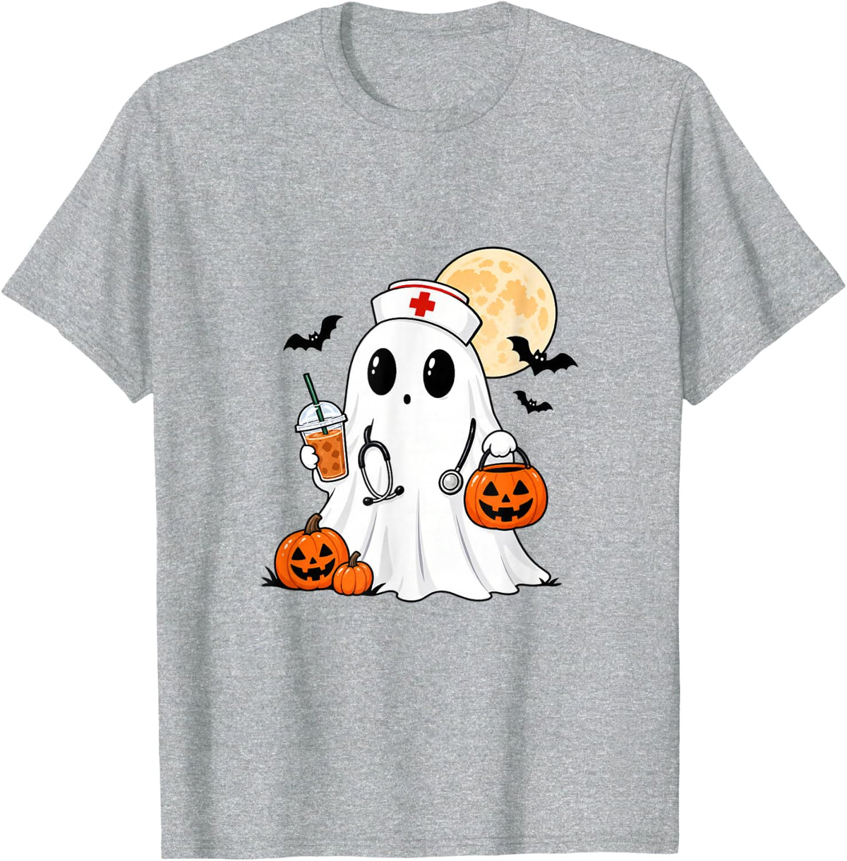 Cute Halloween Nurse Ghost Pumpkin Iced Coffee Women Graphic T-Shirt - Heather Grey