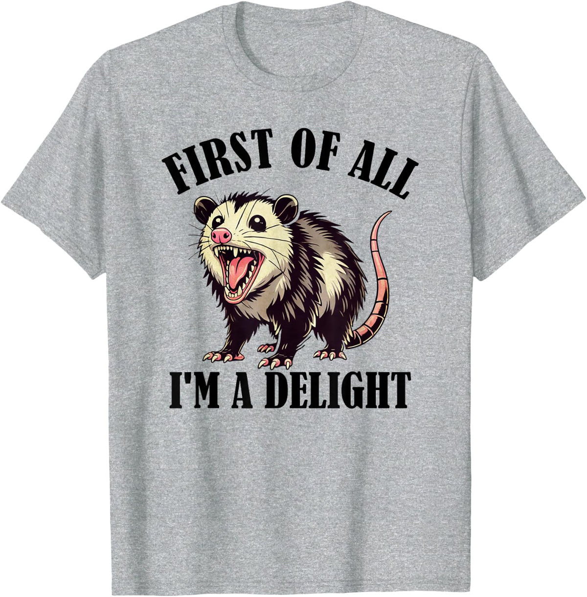 Funny Opossum T Shirt Men Women First Of All I'm A Delight Graphic Tees Hilarious Tee - Heather Grey