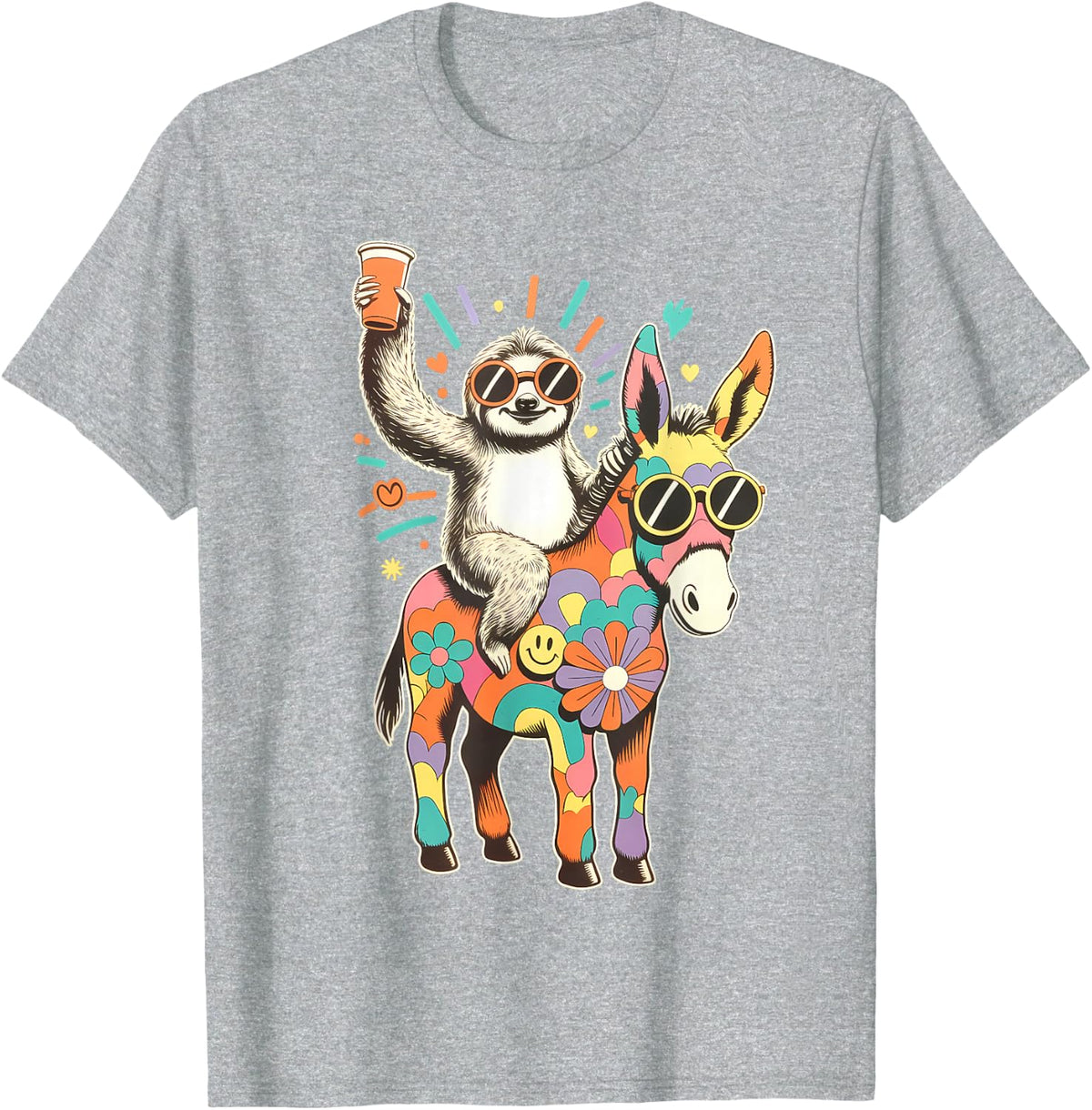 Colorful Sloth Donkey Party Rave EDM Festival Night Club BBQ T-Shirt - Heather Grey