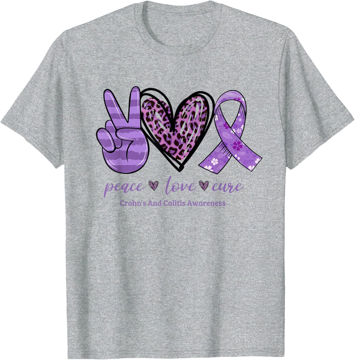 Peace Love Cure Purple Ribbon Crohn's And Colitis Awareness T-Shirt - Heather Grey