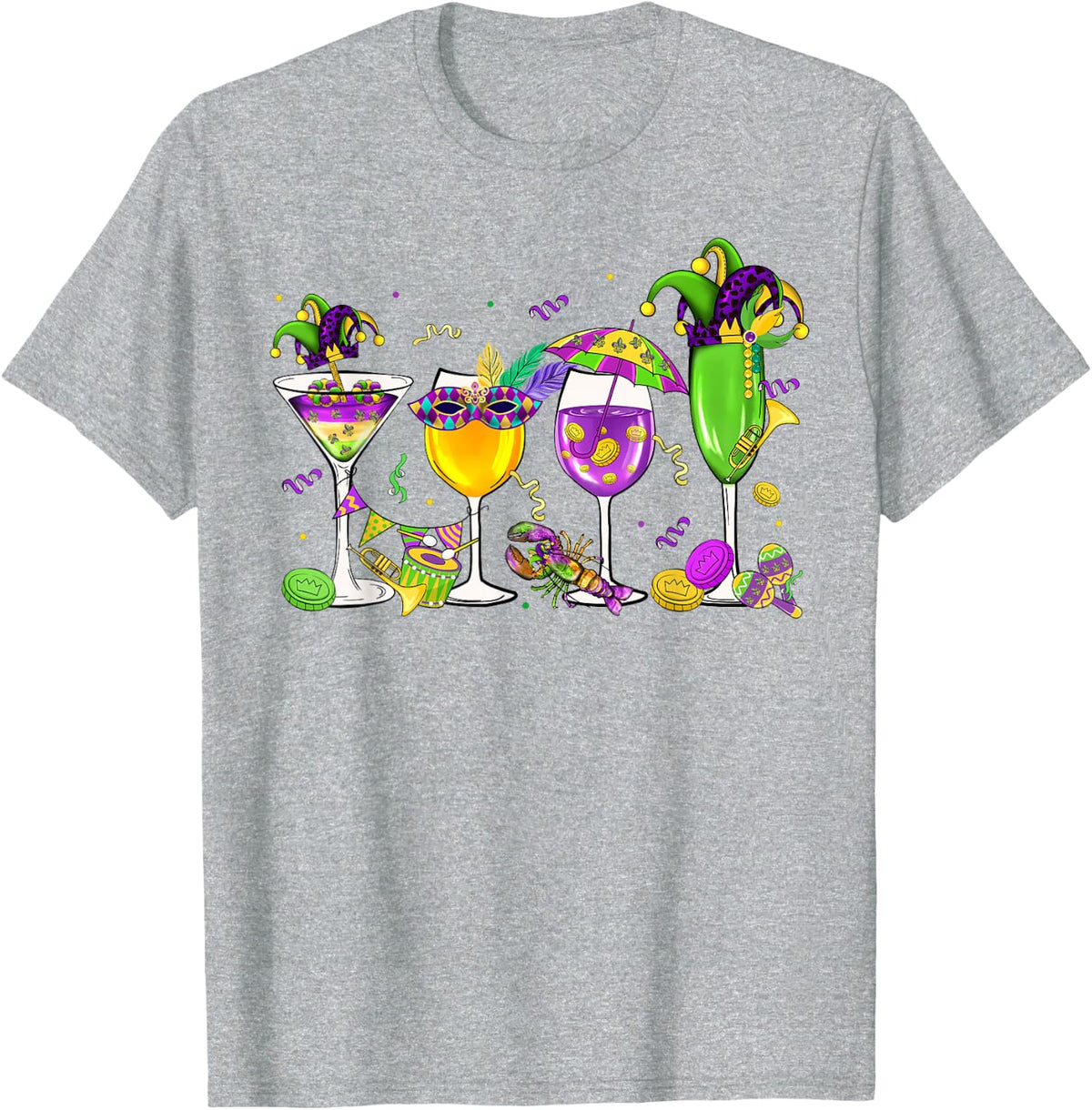 Fat Tuesday Mardi Gras Wine Glasses Drink Carnival Men Women T-Shirt - Heather Grey