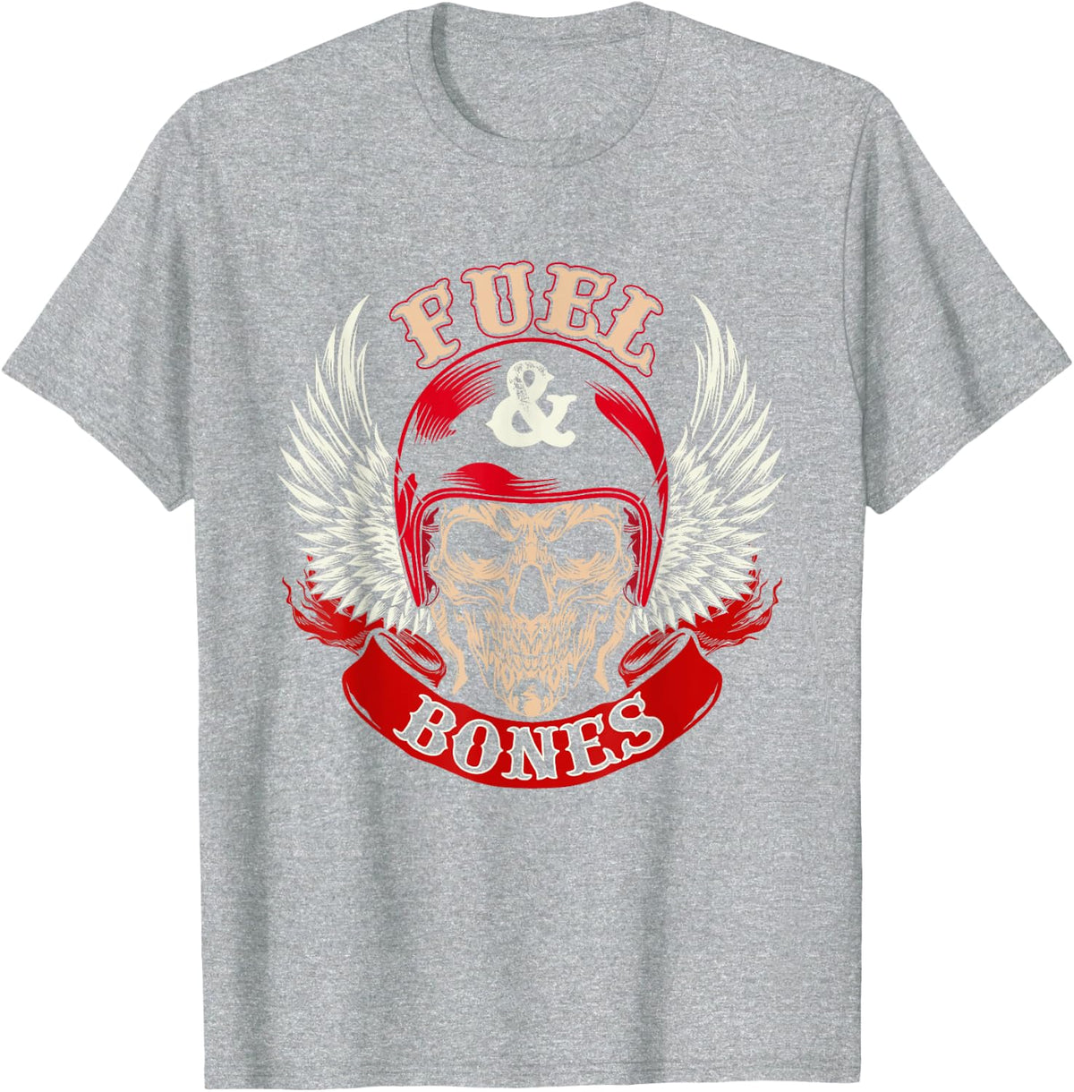 Fuel & Bones - Skull Biker Motorcycle Rider Motorbike Riding T-Shirt - Heather Grey