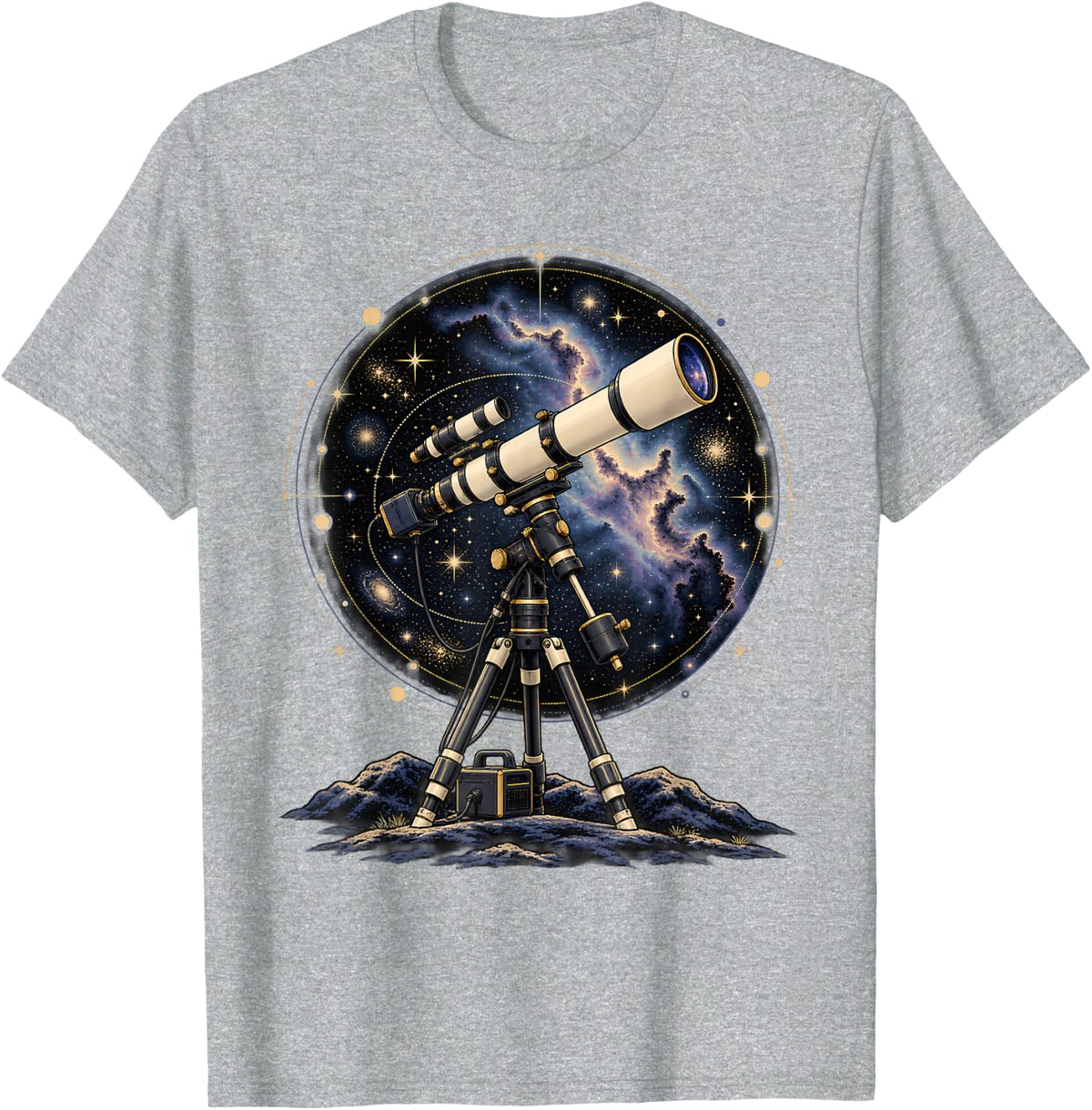Telescope Galaxy Nebula Circle Astronomy Space Art T-Shirt - Heather Grey