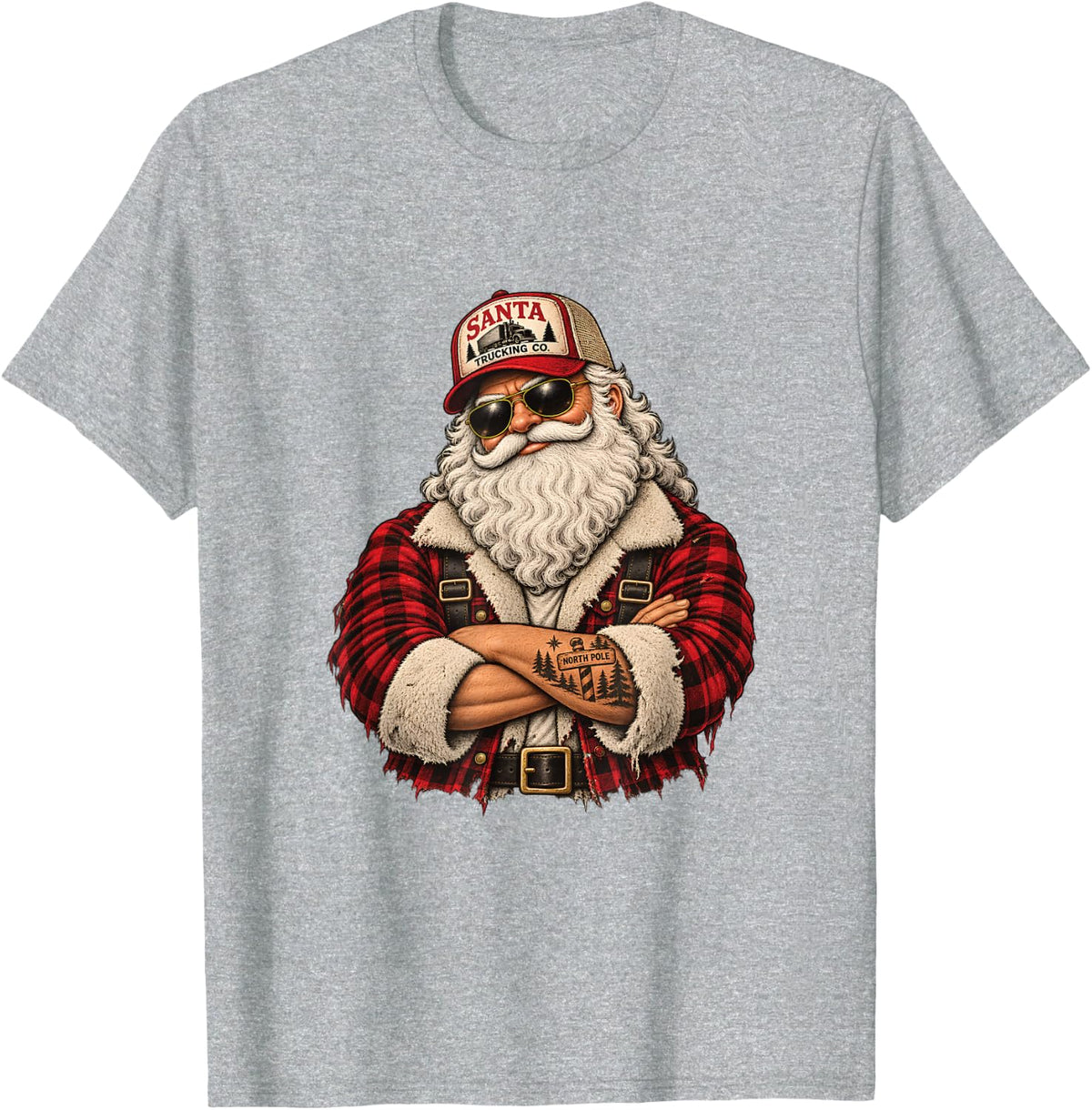 Trucker Santa Funny Christmas Graphic T-Shirt - Heather Grey