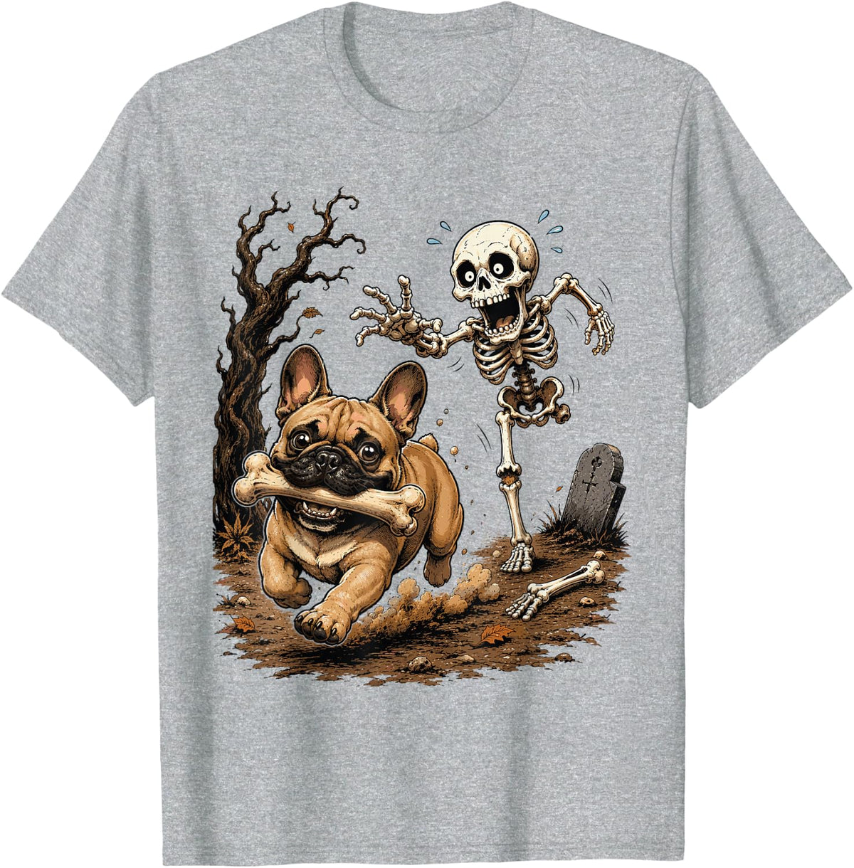 Funny Halloween French Bulldog and Skeleton Chasing Dog T-Shirt - Heather Grey